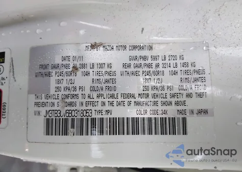 2011 Mazda Cx-9 Touring from USA, damaged, VIN JM3TB3CV6B0318053